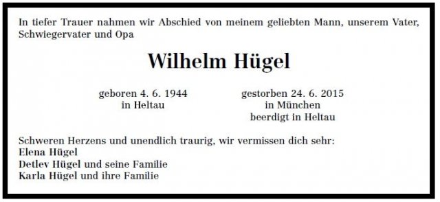 Huegel Wilhelm 1944-2015 Todesanzeige SBZ